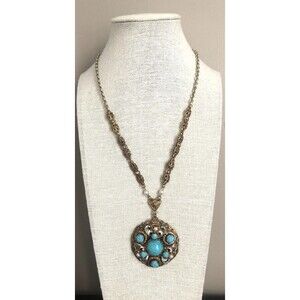 VTG Western Germany Turquoise Glass Cabachon, Faux Pearl, Filigree Necklace~
